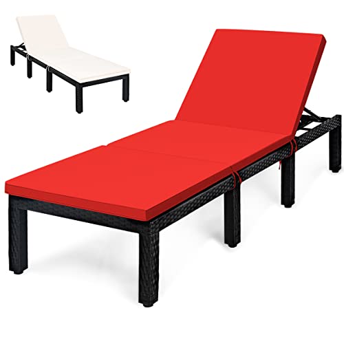 COSTWAY Patio Rattan Lounge Chair Chaise Recliner Adjust Cushion Red & Off White Cover