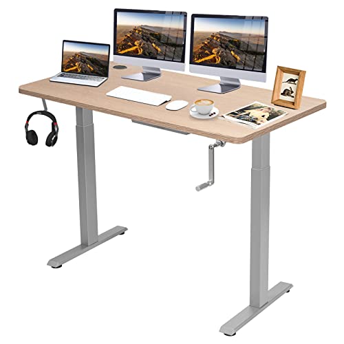 COSTWAY Crank Height Adjustable Standing Desk, w/Folding Crank, Headphone Hook & Cable Tray, 48 Inch Stand up Computer Workstation w/Solid One-Piece 1" Table Top for Home & Office (Grey+Maple)