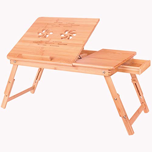 Costway Bamboo Adjustable Portable Laptop Desk, Foldable Breakfast Table Serving Bed Tray with Tilting Top Drawer