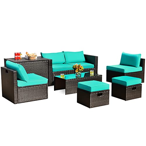 COSTWAY 8PCS Patio Rattan Furniture Set Space-Saving Storage Cushion W/Cover Turquoise