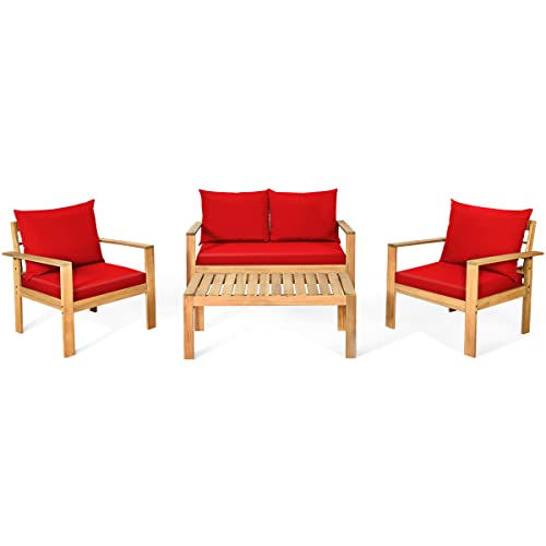 COSTWAY 4 Piece Wooden Furniture Set, Outdoor Conversation Set of 4 with 2 Single Sofa Chair, 1 Loveseat, 1 Coffee Table, Soft Seat & Back Cushions, for Garden, Patio, Poolside