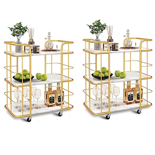 COSTWAY Gold Rolling Bar Cart, 3-Tier Kitchen Utility Cart with Sturdy Steel Frame, Marble-Finish Top & Convenient Handle, Lockable Casters, Metal Serving Cart for Kitchen, Bar, Club, Restaurant (2)