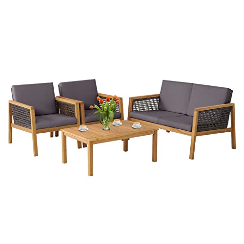 COSTWAY 4PCS Patio Rattan Furniture Set Acacia Wood Cushioned Sofa Gray