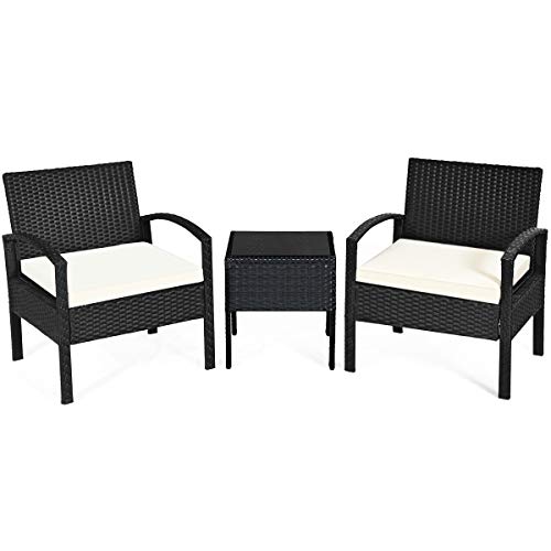 COSTWAY 3PC Patio Rattan Furniture Set Conversation Sofa Cushioned Coffee Table