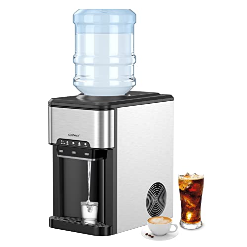 COSTWAY Water Dispenser with Ice Maker, Hold 3-5 Gallon Bottle, 3-in-1 Countertop Top-Loading Hot Cold Water Cooler Machine for Home Office, Safety Lock, 48Lbs/24H, 12 Cubes, 4Lbs Storage Basket