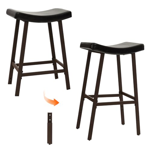 COSTWAY Saddle Stools Set of 2, 25"/30" Height Adjustable Bar Stools with PU Leather Upholstered Seat, Footrest, Heavy-Duty Metal Frame, Max Load 350 Lbs, Barstools for Kitchen Island Home Bar, Brown