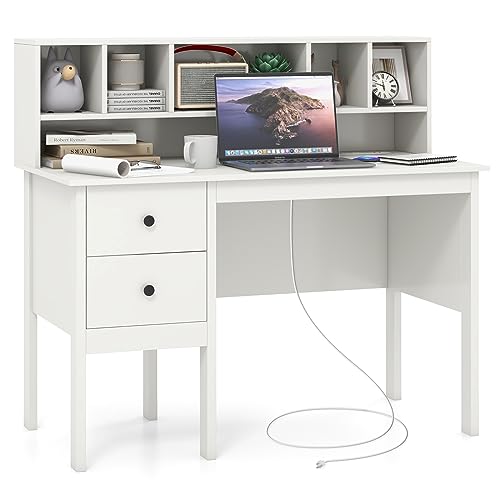 COSTWAY Writing Desk with USB Charging Ports & Power Outlets, 48" Computer Desk with Drawers & 5-Cubby Hutch, Study Table Computer Work Station for Home Office, White