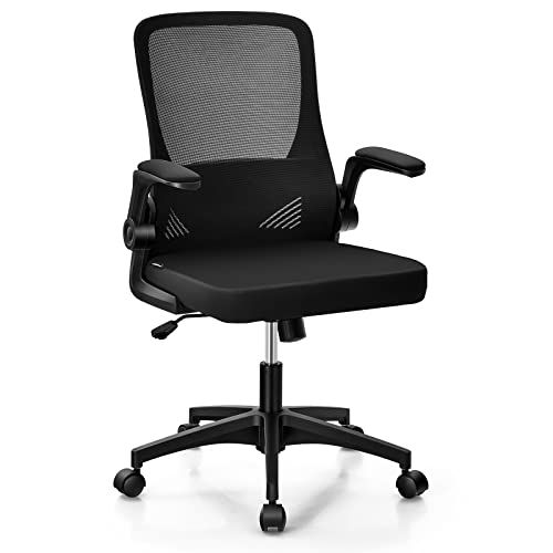 COSTWAY Ergonomic Office Chair, Mid Back Mesh Computer Desk Chair w/Foldable Backrest, Flip up Armrest, Lumbar Support, Swivel Rolling Executive Task Chair for Home, Office, Meeting Room