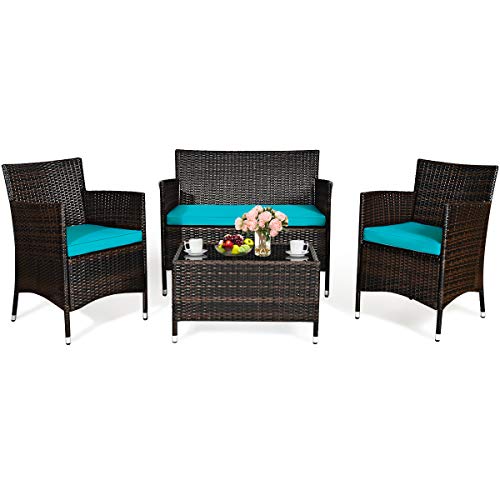 COSTWAY 4PCS Rattan Patio Furniture Set Cushioned Sofa Chair Coffee Table Turquoise