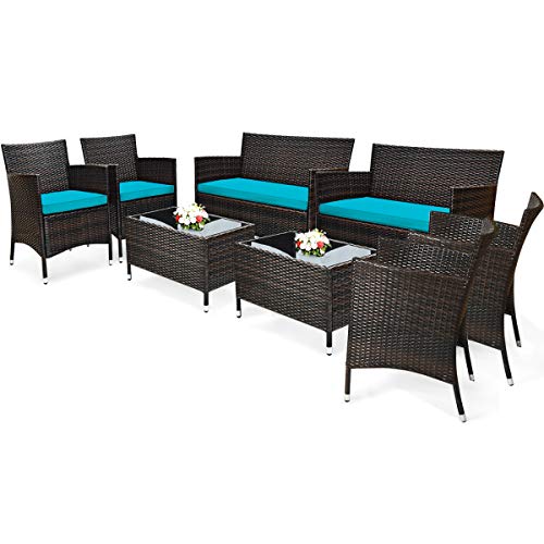 COSTWAY 8PCS Rattan Patio Furniture Set Cushioned Sofa Chair Coffee Table Turquoise