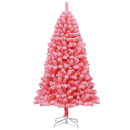 COSTWAY 6.5ft Snow Flocked Hinged Artificial Christmas Tree w/Metal Stand Pink