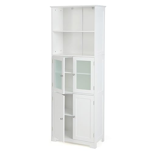 COSTWAY Tall Bathroom Storage Cabinet, Freestanding Kitchen Pantry Cabinet with Glass Doors and Adjustable Shelf, 64Ó Wooden Linen Floor Cabinet for Bathroom, Living Room, Kitchen (White)