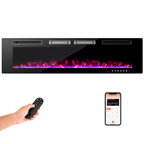 COSTWAY 72-Inch Wide Electric Fireplace, 3.19-Inch Deep Ultra-Thin Wall-Mounted and Recessed Fireplace Heater, Decorative Crystal Included, 12 Flame Color, Remote Control and Smart APP Control, 1500W