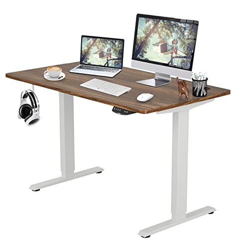 COSTWAY Dual Motor Electric Stand Up Desk, Height Adjustable Standing Desk w/Solid One-Piece Desktop & Memory Controller, Home Office Sit-to-Stand Computer Workstation (White + Walnut, 48''X30'')