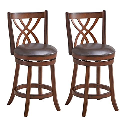 COSTWAY Bar Stools Set of 2, 360¡ Swivel Chairs with Rubber Wood Frame, 26 Inches PU Leather Cushioned Seat and Footrests, for Kitchen Island, Dining Room, Bar (Brown-26 inches, 2 stools)