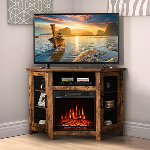 COSTWAY Fireplace Corner TV Stand for TVs Up to 50 Inches, Modern Electric Fireplace Entertainment Center with Remote Control, 3 Brightness, Overheat Protection (Rustic Brown)