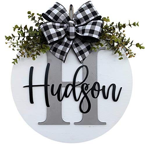 MONOGRAM WELCOME Wreath for Front Door Year Round Hanger with Plaid Ribbon Bow Sign 16" Everyday Wall Decor Family Wood Plaque White Gray Black 3D