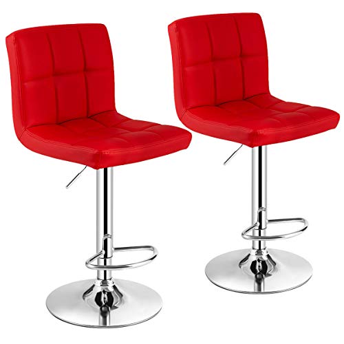 COSTWAY Bar Stools Set of 2, Modern Swivel Adjustable Height PU Leather Barstools with Back, Square Armless Counter Height 2-Pack Bar Chair for Kitchen Island Dining Living Bistro Pub Counter, Red