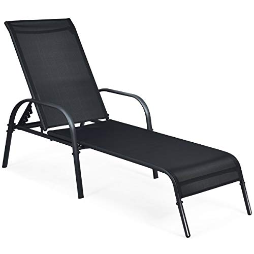 COSTWAY Outdoor Patio Lounge Chair Chaise Fabric Adjustable Reclining Armrest Pool Black