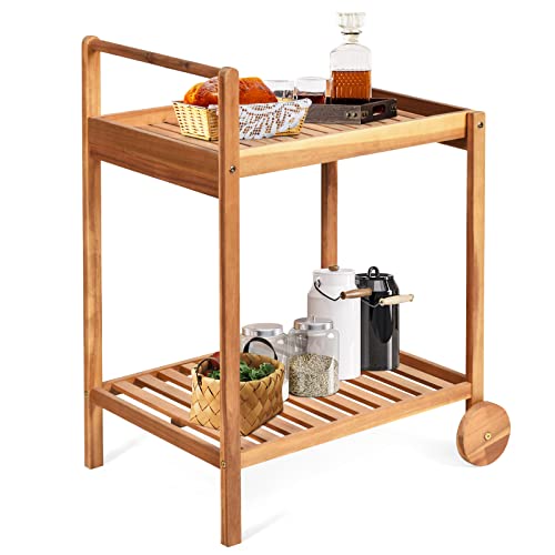 COSTWAY Rolling Serving Cart, Solid Wood Home Bar Cart with Handle with 2 Trays, Portable Serving Trolley for Kitchen, Dining Room, Patio, Teak