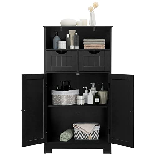 COSTWAY Bathroom Storage Cabinet, Freestanding Storage Organizer with 2 Drawers & Adjustable Shelf, Wooden Floor Cabinet for Living Room, Bedroom, Kitchen, Entryway (Black)