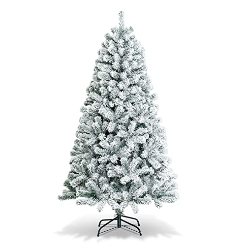 COSTWAY 6 Ft Artificial Christmas, Premium PVC Xmas Full, Flocked Snow Pine Tree with Solid Metal Stand, Ideal for Indoor and Outdoor