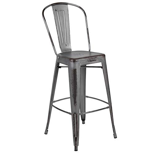 Flash Furniture Blake Commercial Grade 4 Pack 30" High Distressed Silver Gray Metal Indoor-Outdoor Barstool with Back