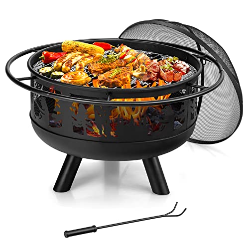 COSTWAY 30" Patio Round Fire Pit, Heavy-Duty Metal Fire Bowl W/Fire Poker & Cooking Grill, Spark Screen Cover, Suitable for Barbecue, Camping, Bonfire Party, Easy Assembly