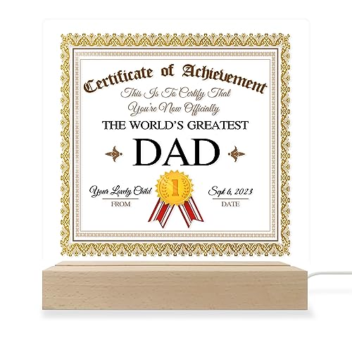 Personalized The World's Greatest Dad Certificate of Achievement Acrylic LED Night Light, Appreciation Present Father, Gift for Dad