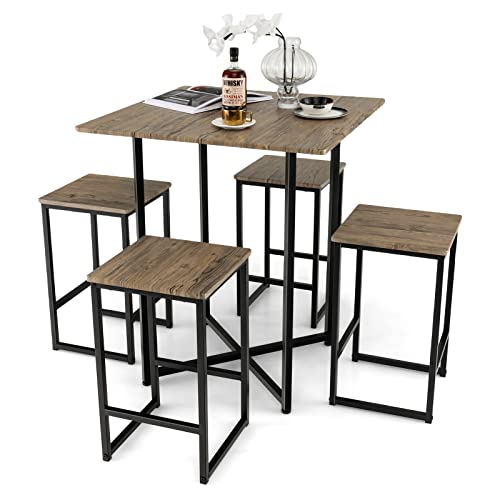 COSTWAY 5 Piece Dining Table Set, Industrial Kitchen Table Set w/ 4 Stools, Square Space-Saving Table Set for Small Spaces, Apartment, Small Home Kitchen High Table Sets for 4 w/Metal Frame, Gray