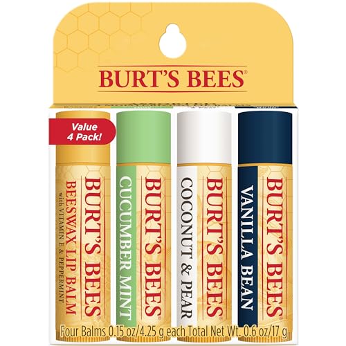 Burt's Bees Lip Balm Stocking Stuffers, Moisturizing Lip Care Christmas Gifts, Sweet Sorbet - Original Beeswax, Cucumber Mint, Coconut & Pear, Vanilla, 100% Natural (4-Pack)