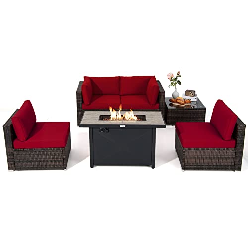 COSTWAY 6PCS Patio Furniture Set Rattan Cushioned Sofa Gas Fire Pit Table Red