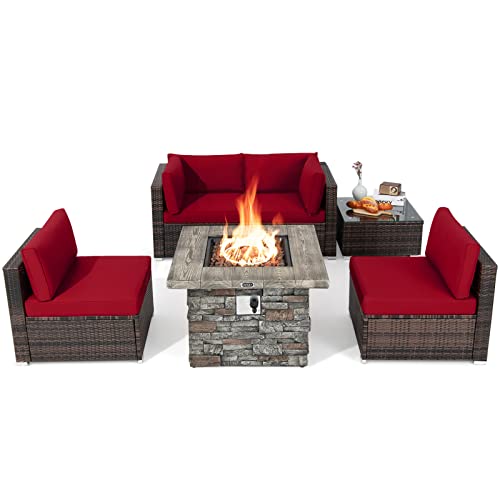 COSTWAY 6 PCS Patio Wicker Furniture Set 34.5" Fire Pit Table W/Cover Red