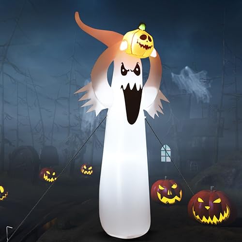 COSTWAY 6FT Halloween Inflatable Blow Up Ghost w/Pumpkin LED Lights Yard Decoration