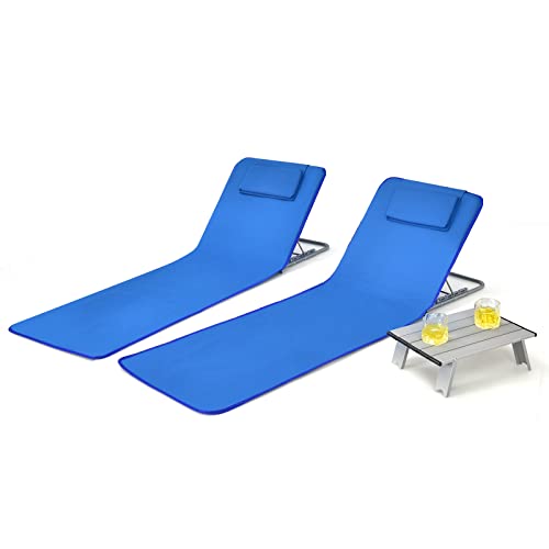 COSTWAY 3-Piece Beach Lounge Chair Mat Set 2 Adjustable Lounge Chairs with Table Blue