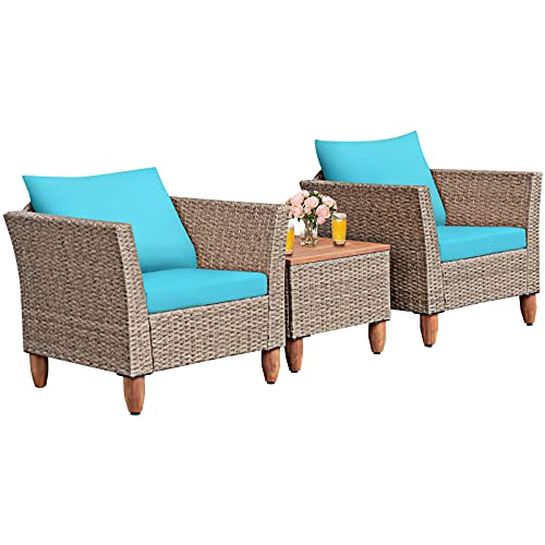 COSTWAY 3PCS Patio Rattan Furniture Set Wood Table Top Cushion Sofa Turquoise