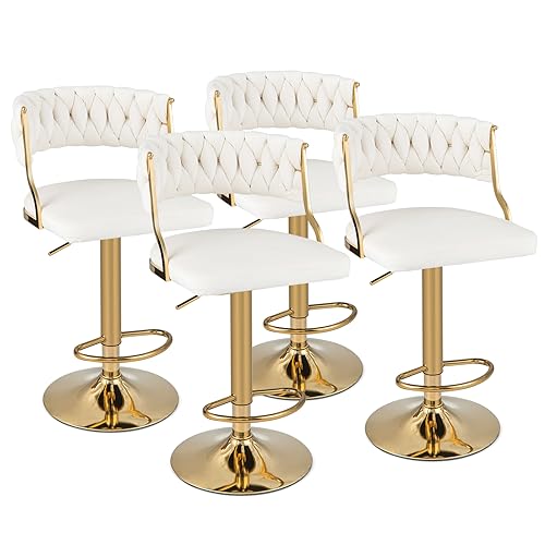 COSTWAY Velvet Adjustable Bar Stools Set of 2, Max Load 400 Lbs, Modern Upholstered Swivel Barstools with Woven Back, Footrests, Adjustable Height Bar Chairs for Kitchen Island Cafe Pub, Beige+Gold