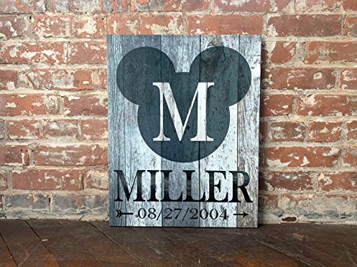 Disney Themed, Rustic Mickey, Wedding Gift, Disney Inspired Monogram Sign, Mickey Mouse Silhouette, Personalized With Family Name and Established Date/Year