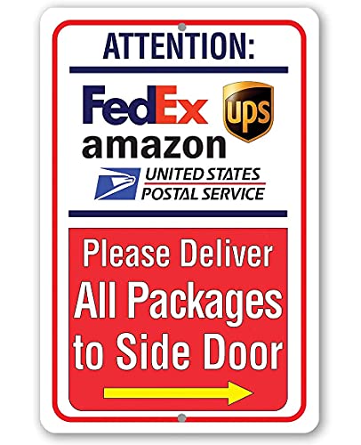 Delivery Sign for Package and Box Deliveries - Deliver to Side Door Instructions - Directional Deliveries Sign for Home Office, Porch Entryway Gate Signage, 8x12 Aluminum Safe Use Indoors or Outdoors