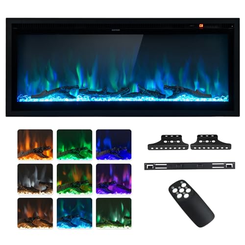 COSTWAY Electric Fireplace 42-Inch Wide, 9 Flame Color, 5-Level Brightness, 8H Timer, Thermostat, Wall-Mounted Freestanding and Recessed Linear Fireplace Heater with Crystal Decor and Log, 750W/1500W