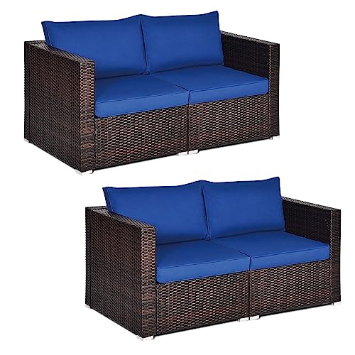 COSTWAY 4PCS Patio Rattan Corner Sofa Sectional Conversation Set Navy Cushion