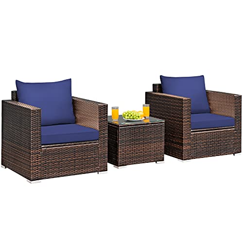 COSTWAY 3PCS Patio Rattan Furniture Set Conversation Sofa Cushioned Navy