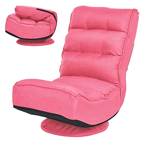 COSTWAY Folding Floor Chair, Adjustable 5-Position Video Gaming Chair with 360 Degree Swivel, Detachable Cover, Padded Backrest, Multipurpose Living Room Floor Lounger for TV, Reading, Playing (Pink)