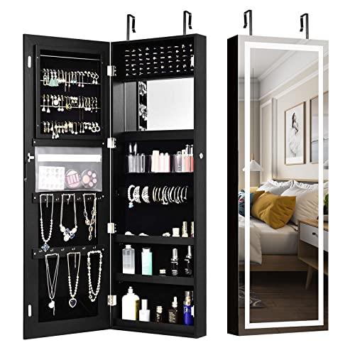 COSTWAY Mirrored Jewelry Armoire, Wall Door Mounted Jewelry Organizer w/Full Length LED Touch Screen Mirror & Large Storage, Lockable Jewelry Storage Cabinet for Living Room, Bedroom (Black)