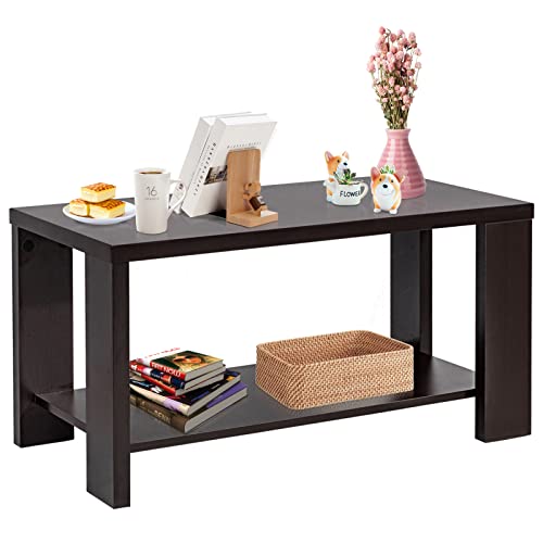 COSTWAY Coffee Table with Storage Shelf, 2-Tier Rectangular Cocktail Tea Table, Espresso Wooden Sofa Central Table for Living Room, Office, Reception Room, Easy Assembly