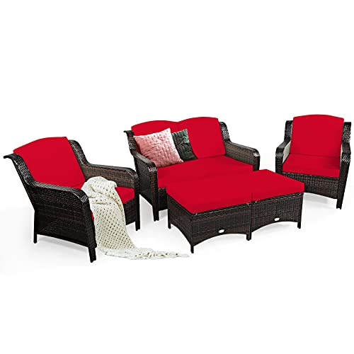 COSTWAY 5PCS Patio Rattan Furniture Set Loveseat Sofa Ottoman W/Red Cushion