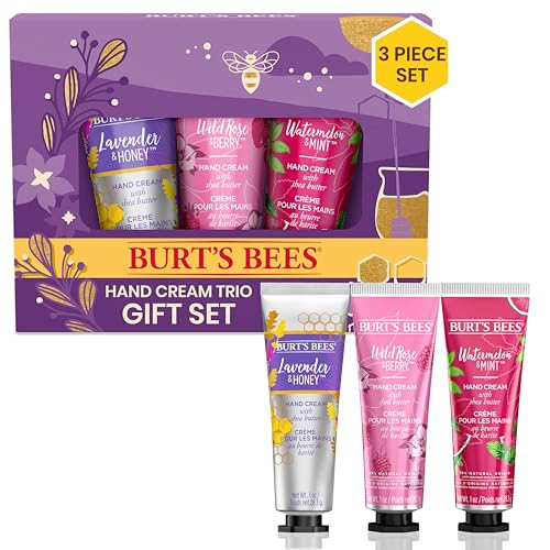 Burt's Bees Christmas Gifts, 3 Body Skincare Stocking Stuffers Products, Shea Butter Hand Cream Trio Set - Lavender Honey, Watermelon Mint & Wild Rose Berry (3-Pack)