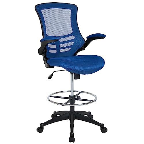 Flash Furniture Kelista Mid-Back Blue Mesh Ergonomic Drafting Chair | Adjustable Foot Ring, Flip-Up Arms | Comfort and Productivity