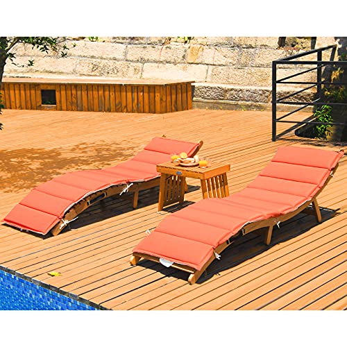 COSTWAY 3PCS Wooden Folding Patio Lounge Chair Table Set Red/White Cushion Pad Pool Deck