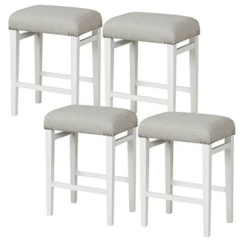 COSTWAY Bar Stools Set of 4, 24.5-inch Counter Height Backless Stools with Padded Seat Cushions, Natural Rubber Wood Legs, Comfortable Footrests, Nailhead Trim Decoration, Anti-slip Pads, Grey + White